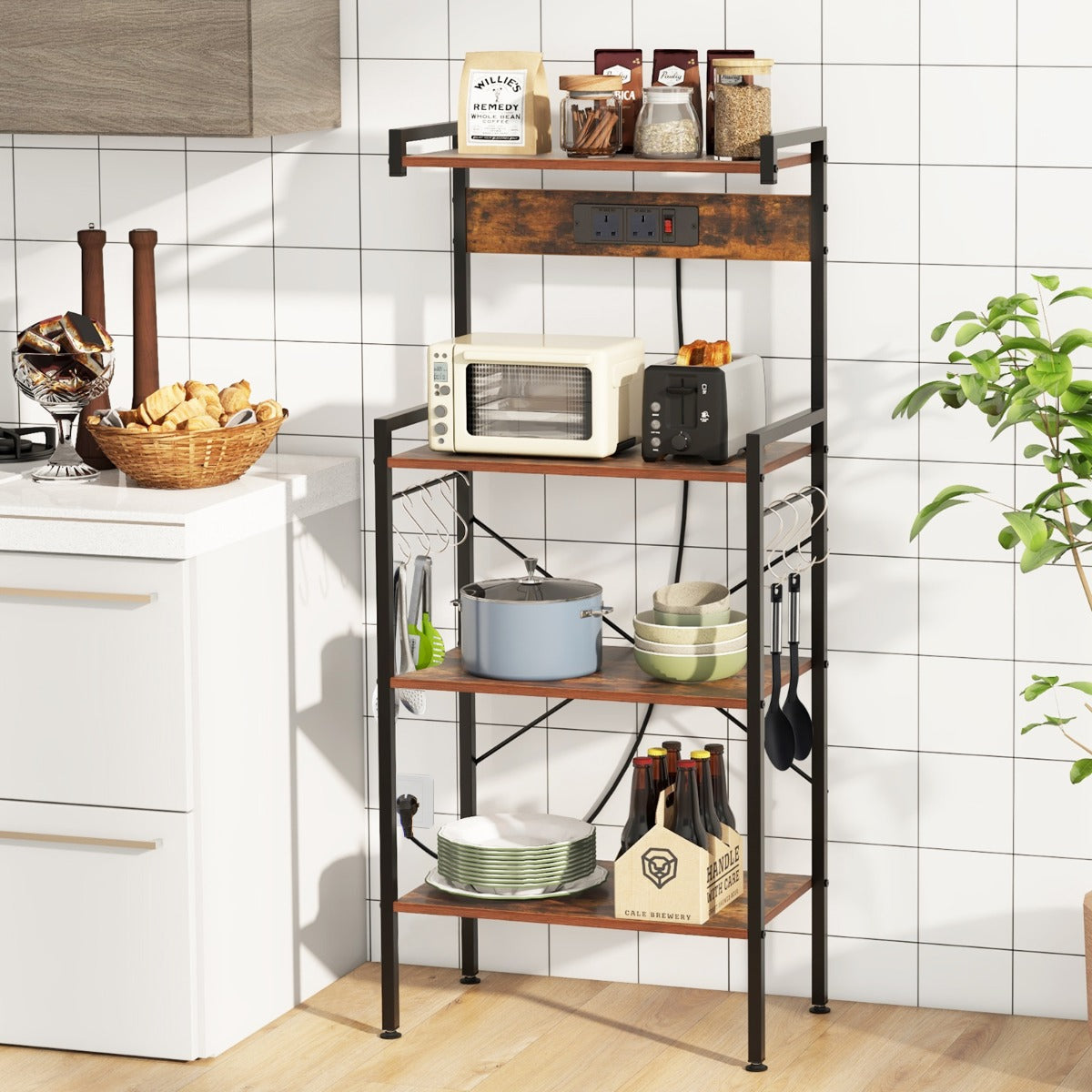4-Tier Kitchen Bakers Rack with Power Outlet and 8 S-Hooks-Rustic Brown