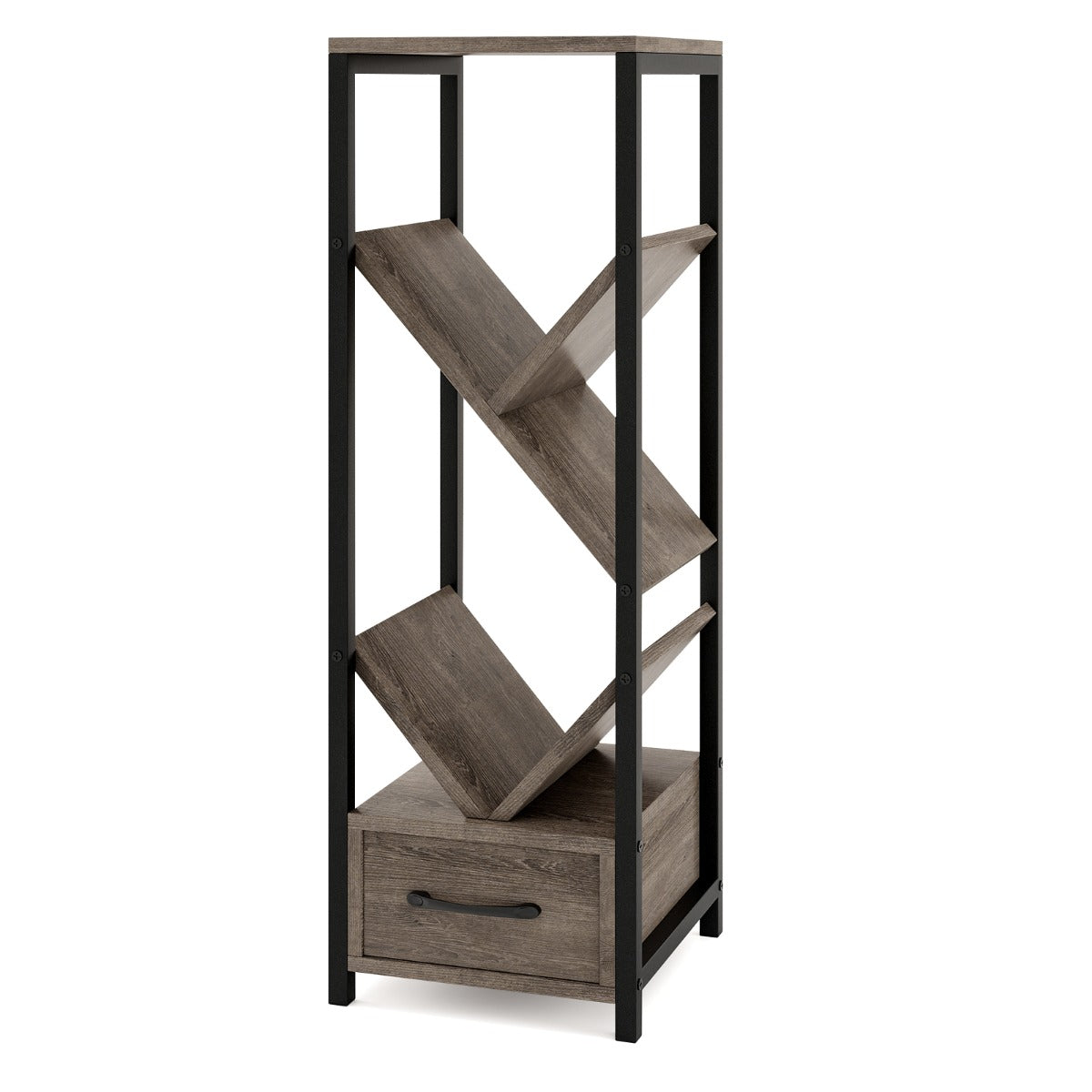 4 Tier Tree Bookshelf with Drawer and Metal Frame for Living Room Bedroom-Grey