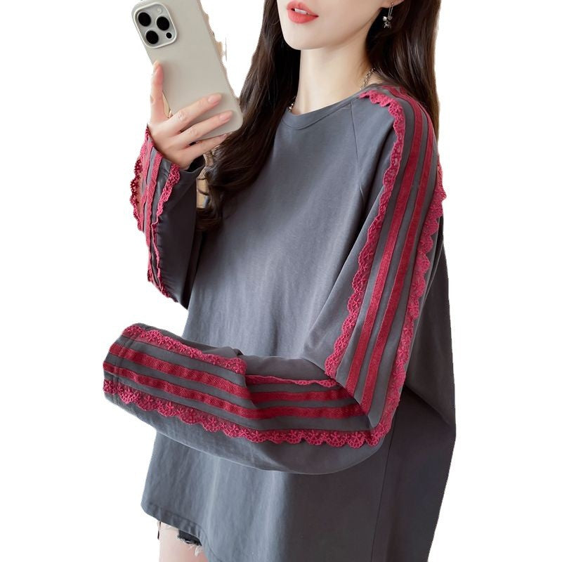 Solid Color Stitching Lace Lacework Round-neck T-shirt Women's Brushed Top
