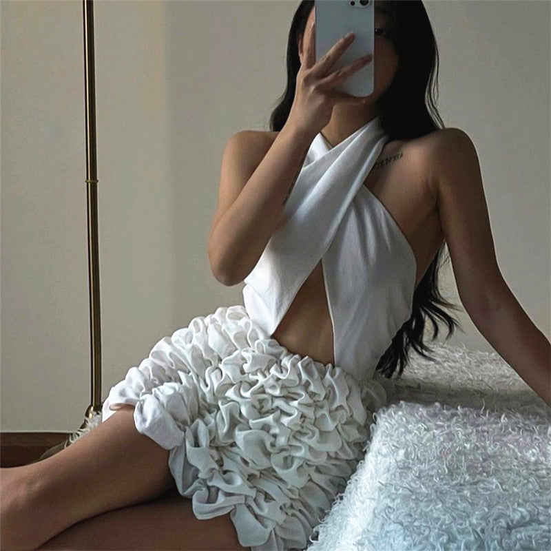 Fashion Cross Neck Backless Pleated Flower Dress