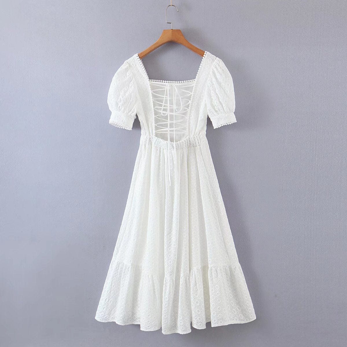 Square Neck Backless Tie Puff Sleeve Lace Dress
