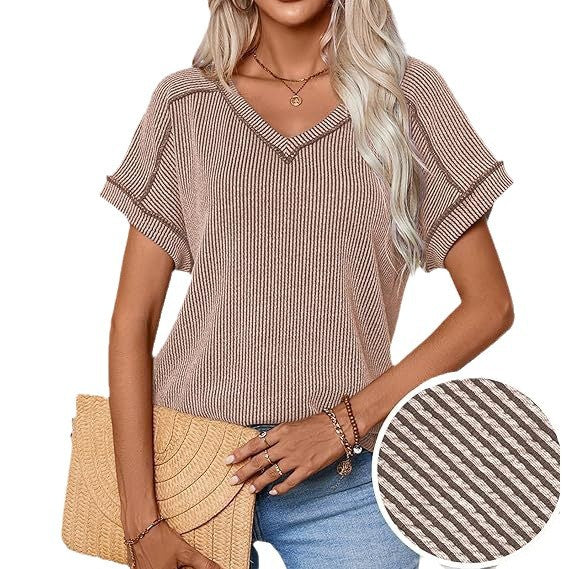 Fashionable Two-tone Twisty Stretch Short-sleeve V-neck Top Women's T-shirt