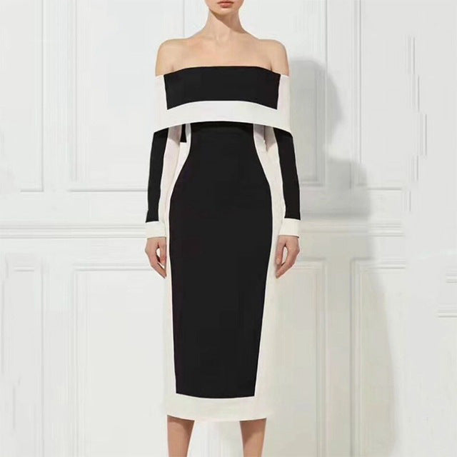 Color Contrast Patchwork Simple Off-shoulder Midi Dress White Dress