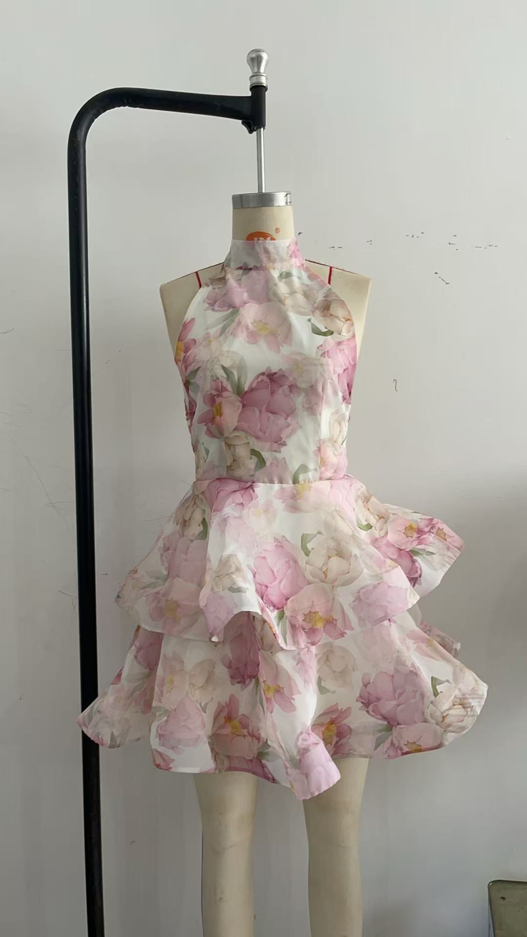 Women's Summer Halter Backless Strap Floral Flounce Printed Dress