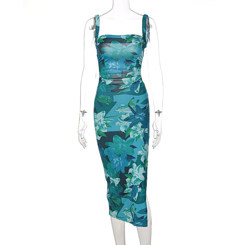 Summer New Fashion Printed Backless Strap Slim Dress
