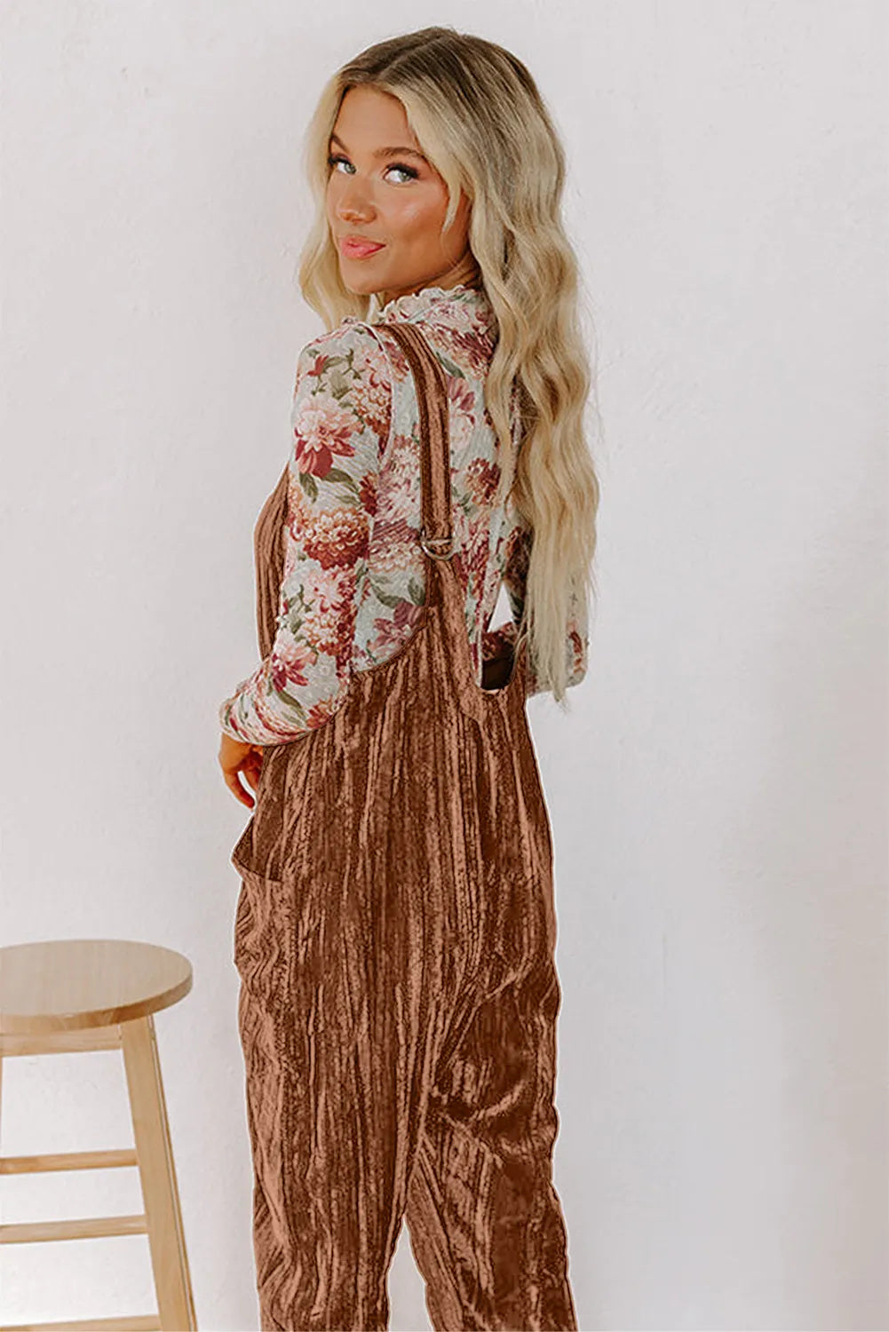Chicory Coffee Velvet Adjustable Straps Patched Pocket Sleeveless Jumpsuit