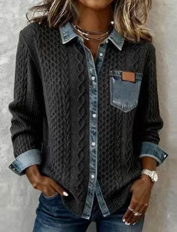 Women's Knit & Denim Patchwork Shirt | Loose Fit Casual Top
