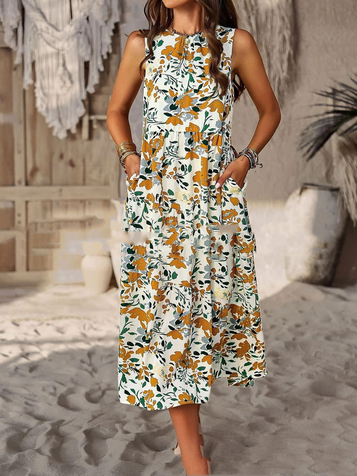 Digital Printing Patchwork Round Neck Dress