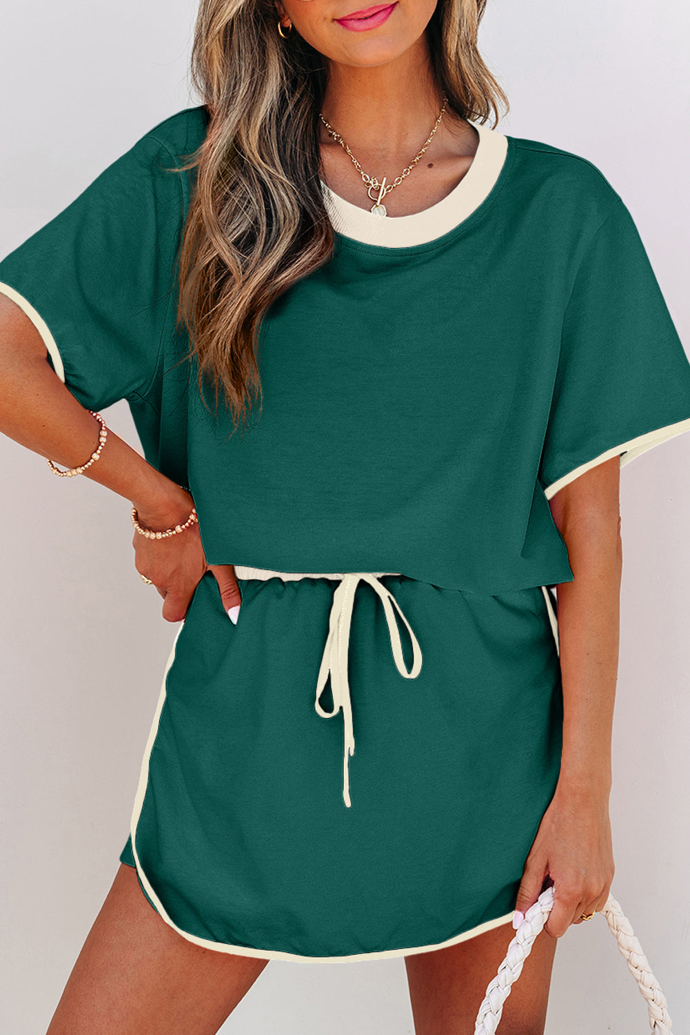Evergreen Colorblock Edge Drop Shoulder T Shirt and Skort 2Pcs Set