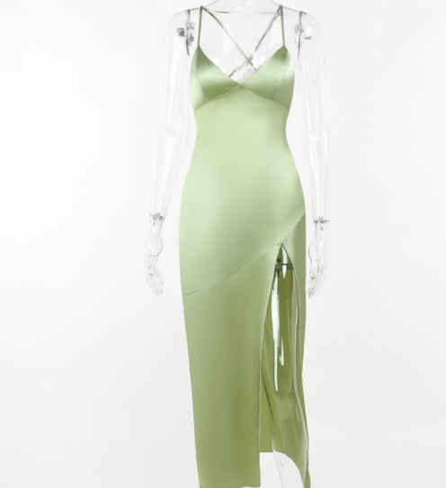 V-neck Satin Slit Backless Long Dress