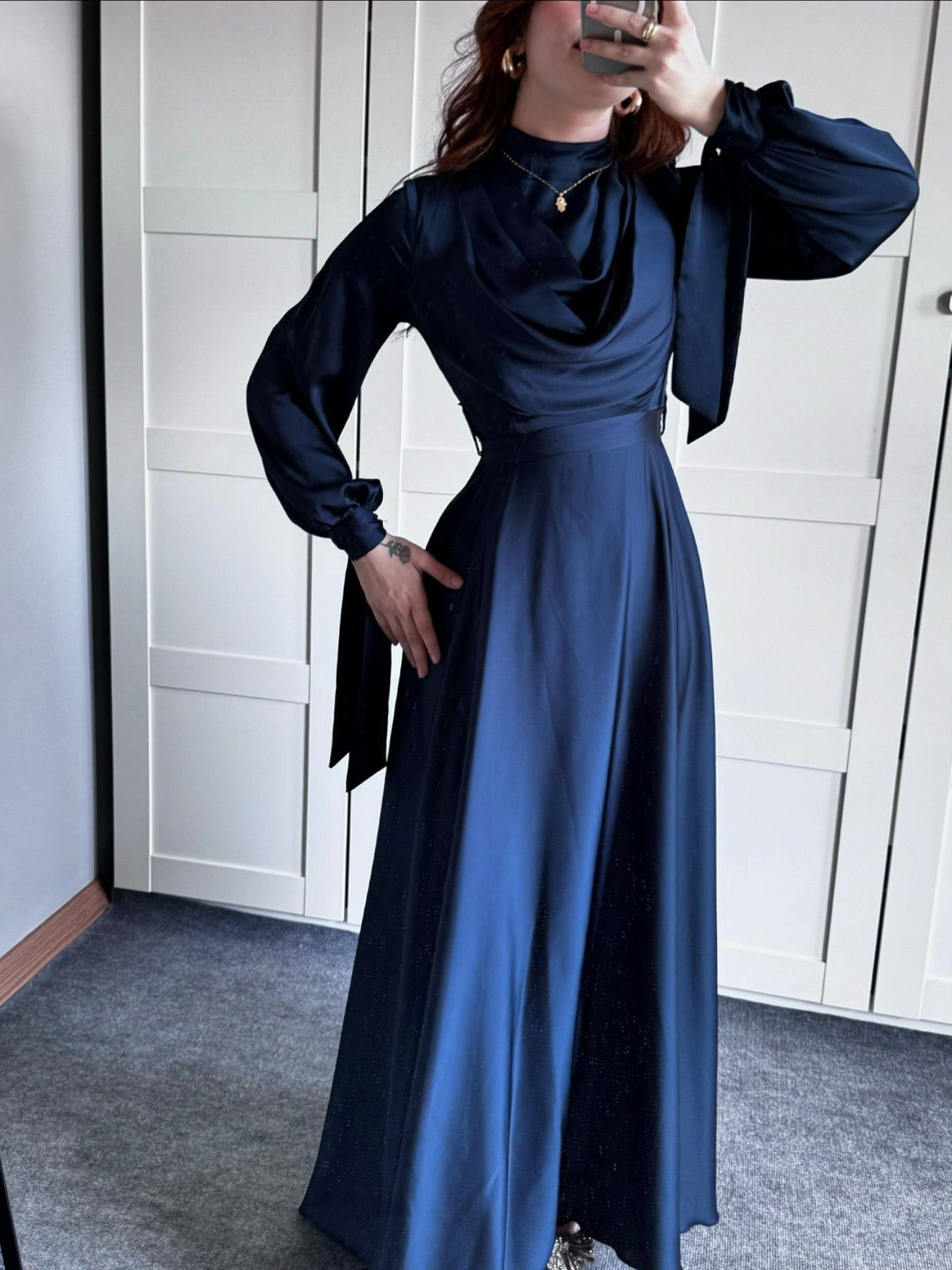 Satin Plunge Neck Long Sleeve Maxi Dress | Evening Gown