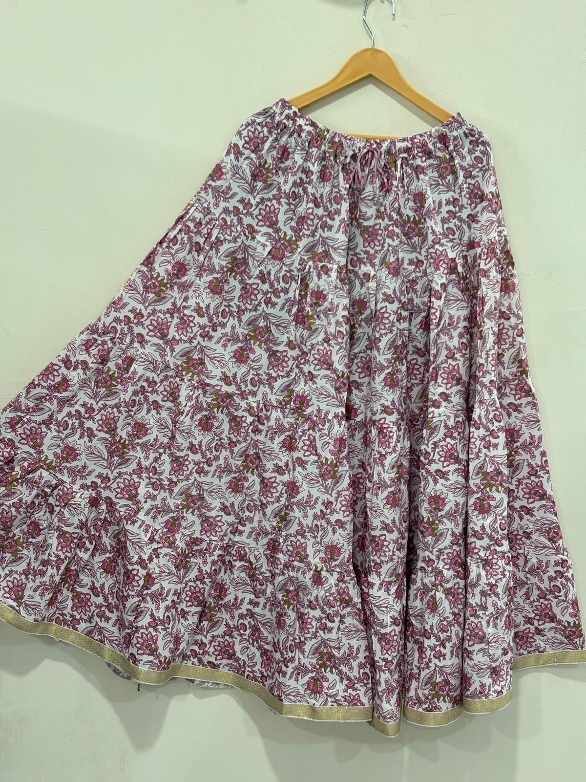 Blackfever White & Pink Floral Tiered Cotton Skirt – Free Size