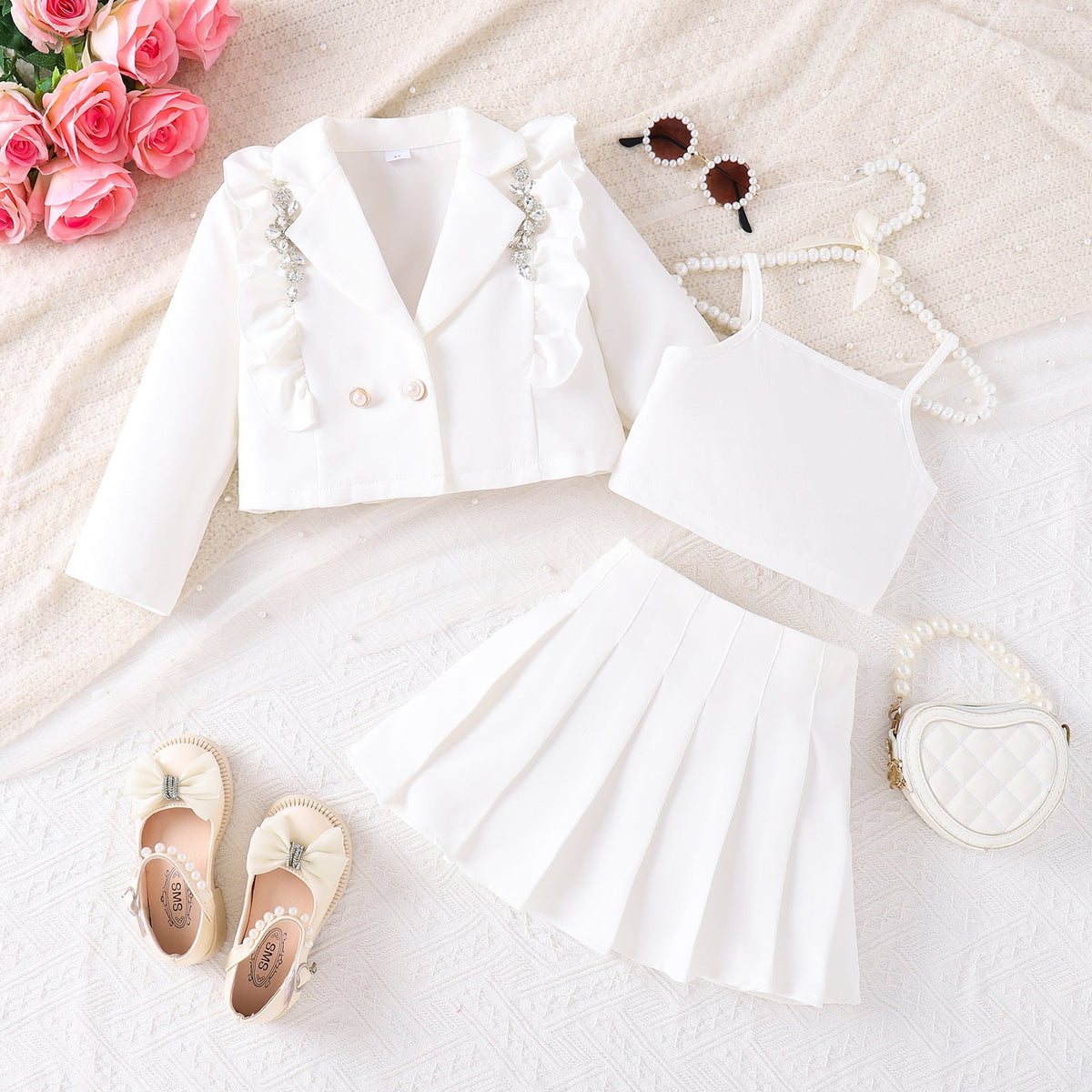 Strappy Tank Top Pleated Skirt Three-piece Set