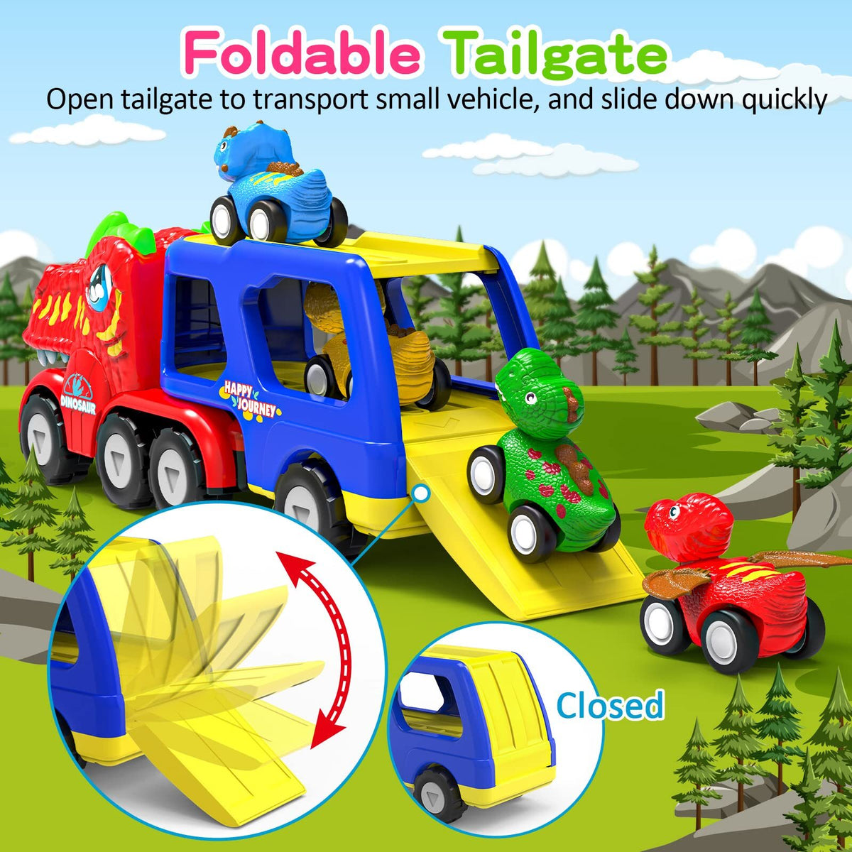 5-in-1 Dinosaur Truck Toy with 4 Mini Dino Cars Kids Play Set Transport Trucks Fun Toys