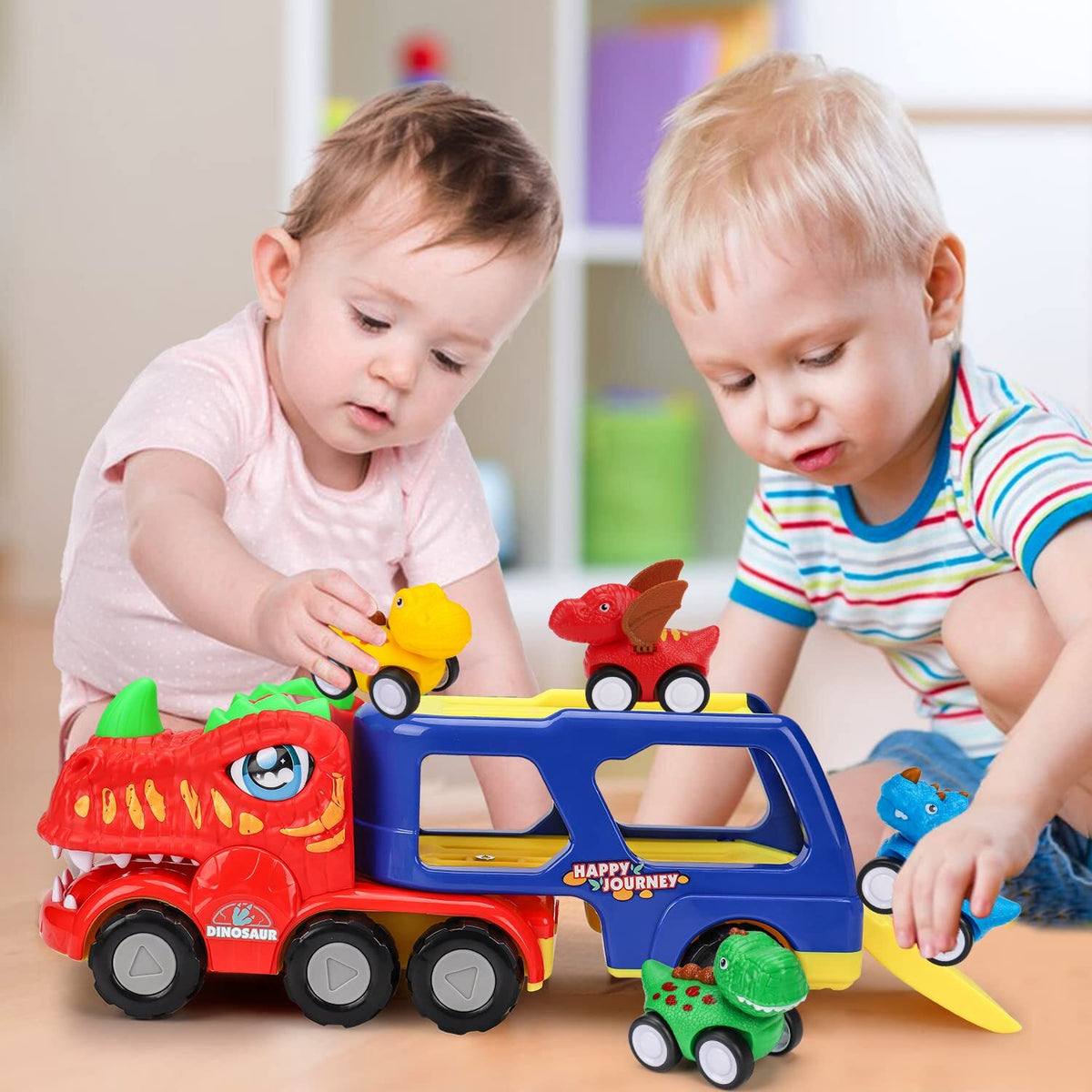 5-in-1 Dinosaur Truck Toy with 4 Mini Dino Cars Kids Play Set Transport Trucks Fun Toys