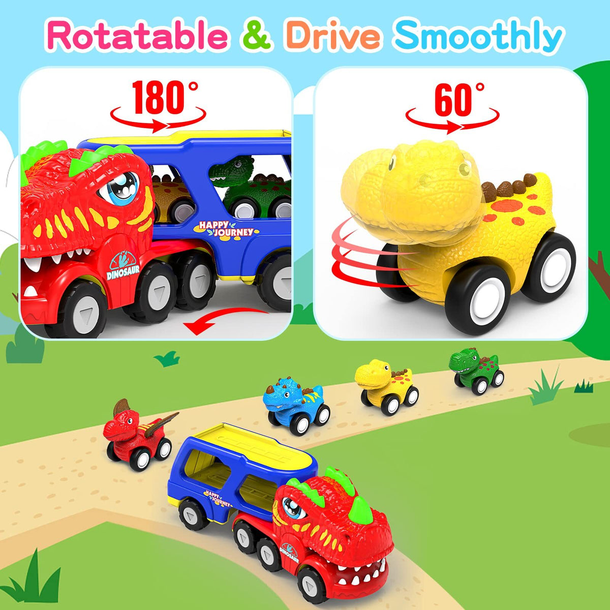 5-in-1 Dinosaur Truck Toy with 4 Mini Dino Cars Kids Play Set Transport Trucks Fun Toys