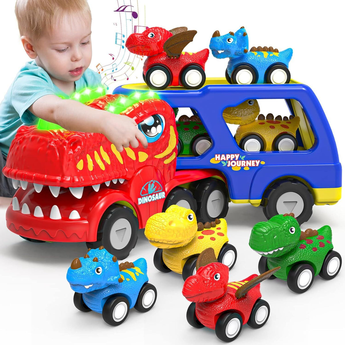 5-in-1 Dinosaur Truck Toy with 4 Mini Dino Cars Kids Play Set Transport Trucks Fun Toys
