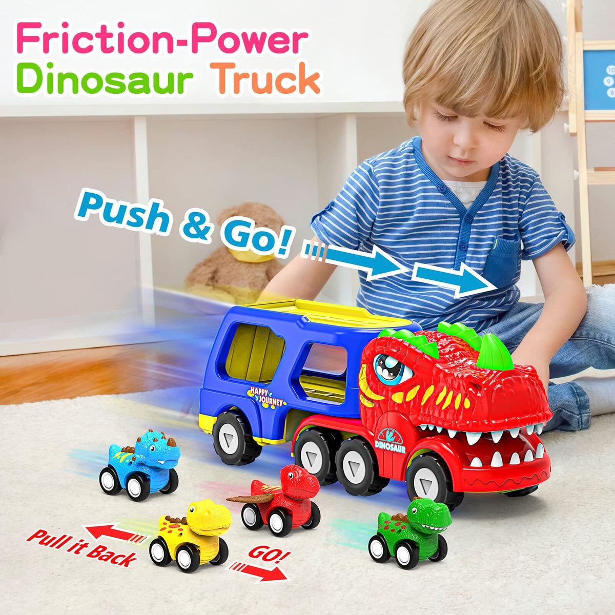 5-in-1 Dinosaur Truck Toy with 4 Mini Dino Cars Kids Play Set Transport Trucks Fun Toys
