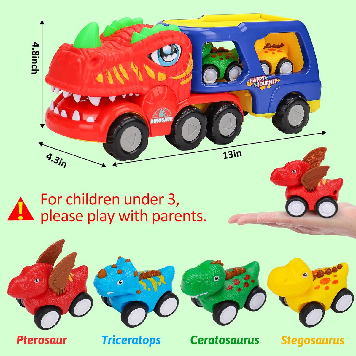 5-in-1 Dinosaur Truck Toy with 4 Mini Dino Cars Kids Play Set Transport Trucks Fun Toys
