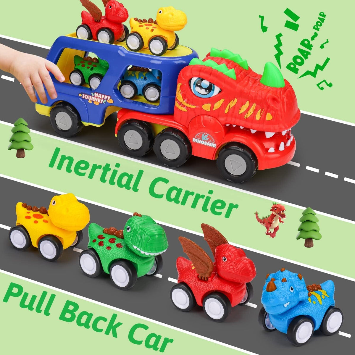 5-in-1 Dinosaur Truck Toy with 4 Mini Dino Cars Kids Play Set Transport Trucks Fun Toys