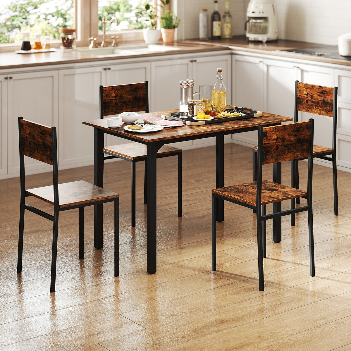 5-Piece Modern Kitchen Dining Room Furniture with Wood Rectangular Table-Coffee