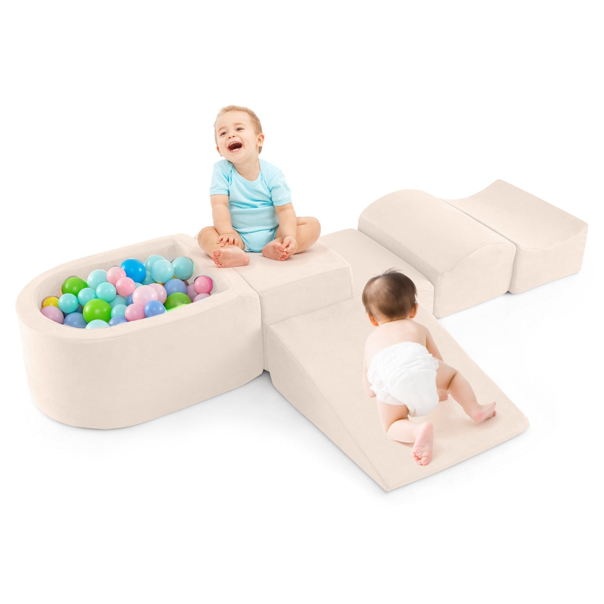 5-Piece Climb and Crawl Playset with Ball Pit for Kids-Beige