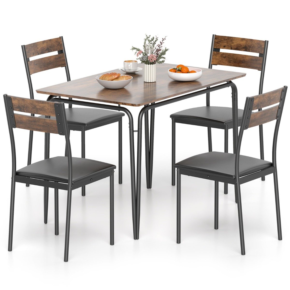 5-Piece Industrial Rectangular Kitchen Table and 4 Armless Chairs with Upholstered Seat and Spindle Back-Coffee