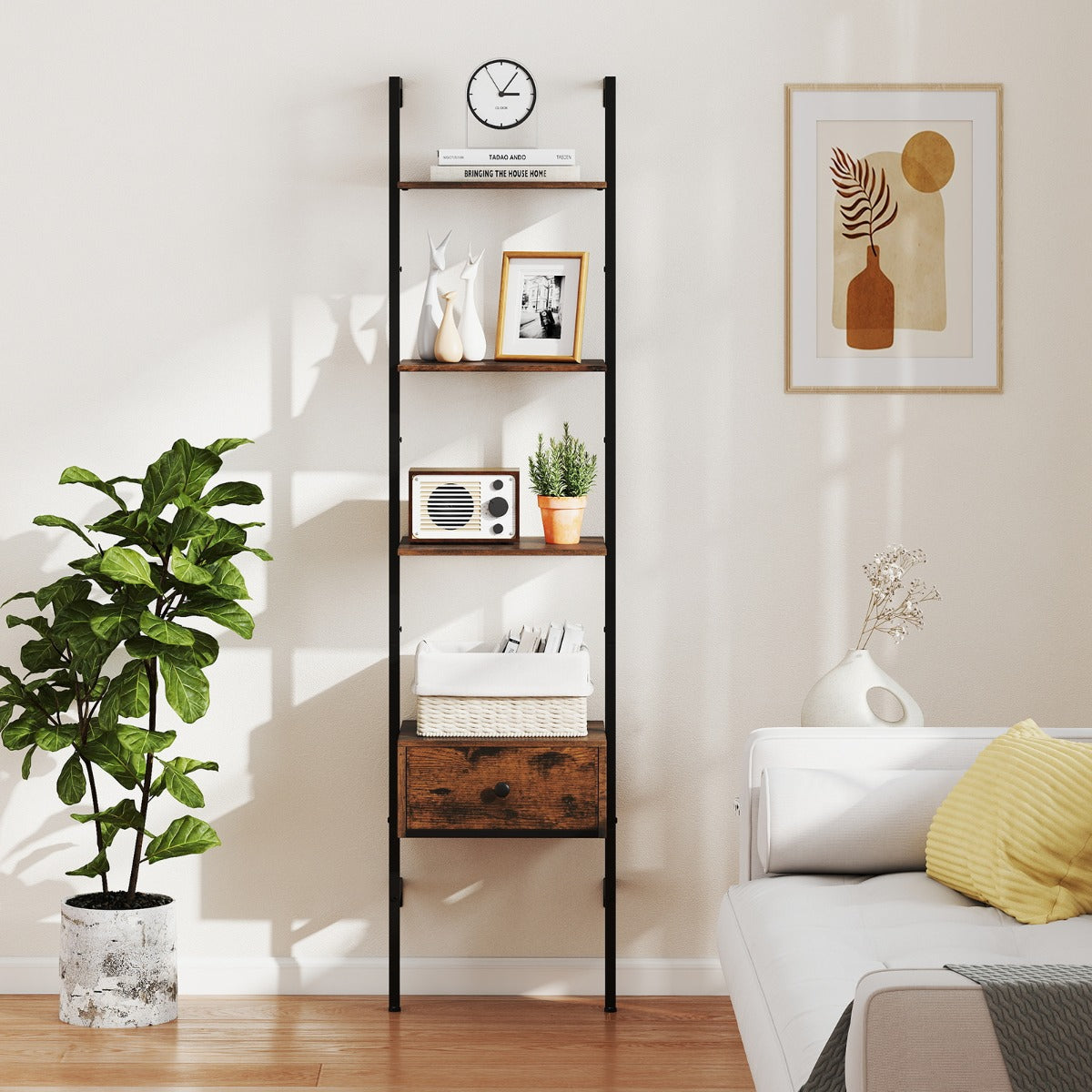 5-Tier Ladder Bookcase with Drawer and Metal Frame-Rustic Brown