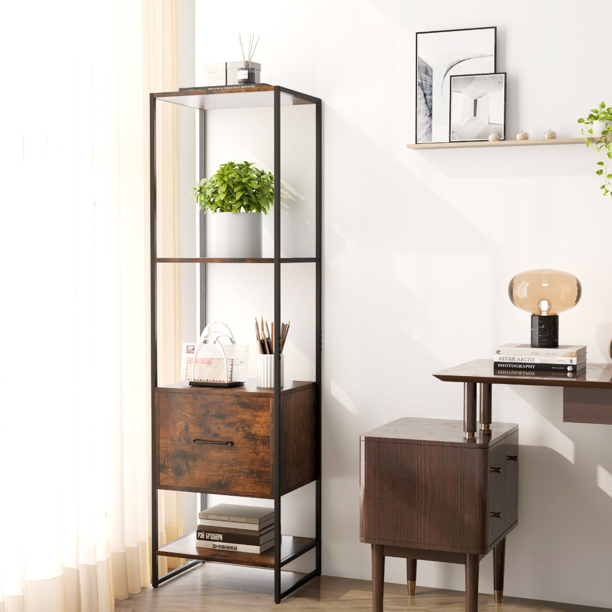 5-Tier Tall Narrow Bookcase Bookshelf with Drawer Shelves-White