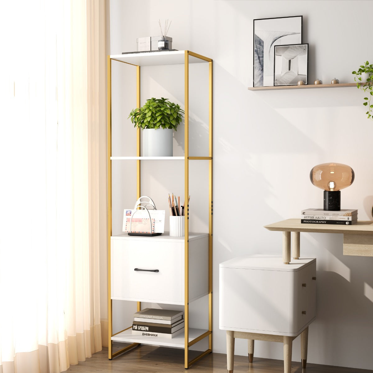 5-Tier Tall Narrow Bookcase Bookshelf with Drawer Shelves-White