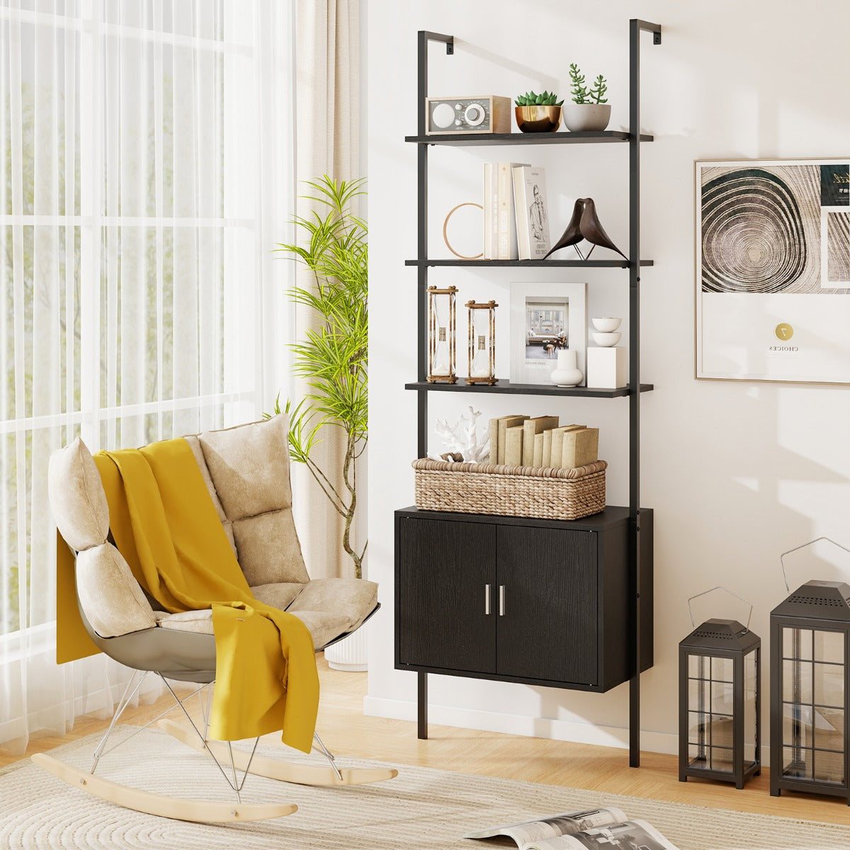 5-Tier Wall Mount Ladder Bookcase with Cabinet and Anti-Tipping Kits-Black