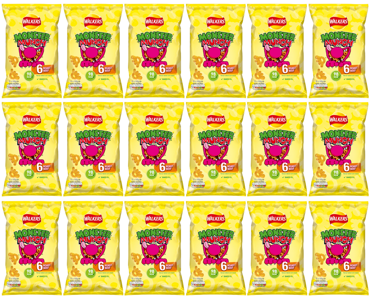 18 x Walkers Monster Munch Sabor Carne Asada 6 Paquetes de 22g