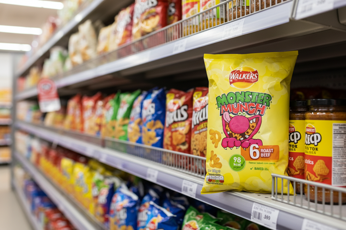 18 x Walkers Monster Munch Sabor Carne Asada 6 Paquetes de 22g