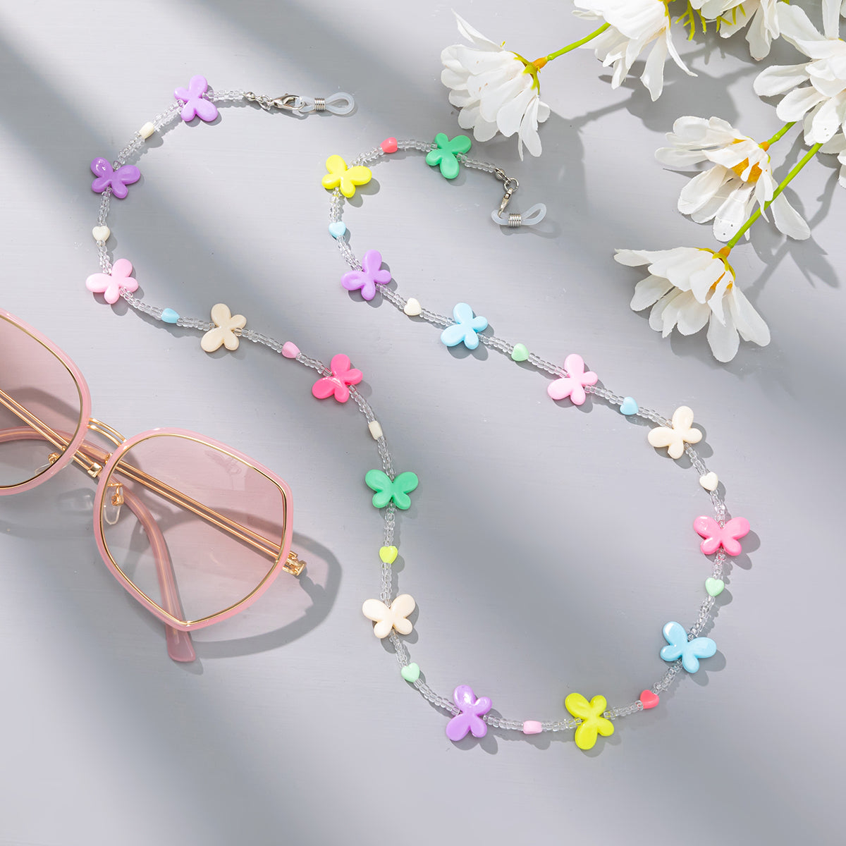 Candy-colored Acrylic Pearl Eye Pendant Chain, Butterfly Five-pointed Star Heart Neck Pendant Glasses Chain