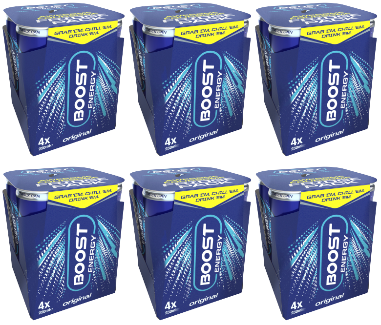 Boost Energy Regular 6er-Pack (insgesamt 24 Dosen – 6 x 4er-Packs à 250 ml)
