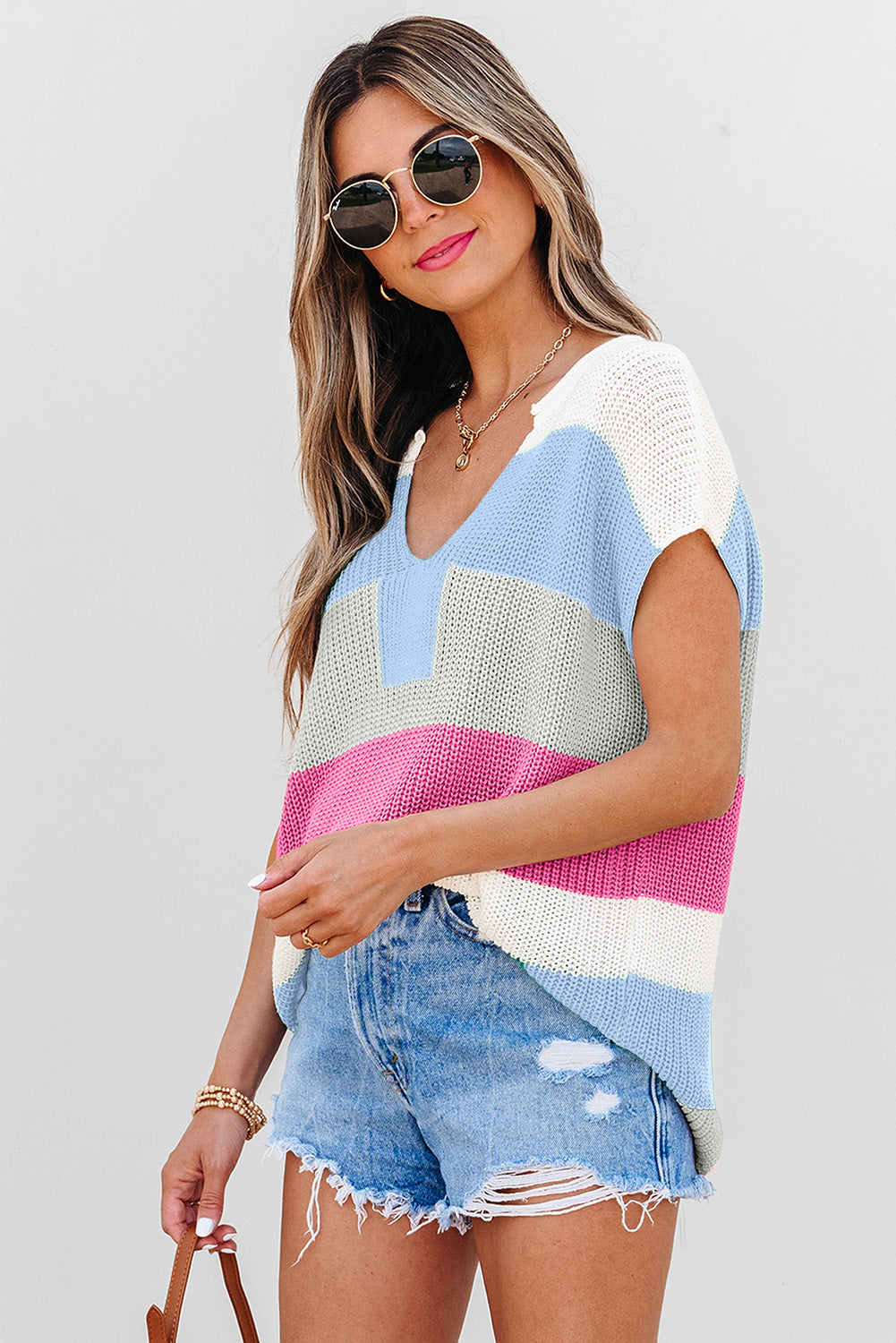 Pink Color Block Notch V Neck Sweater T Shirt