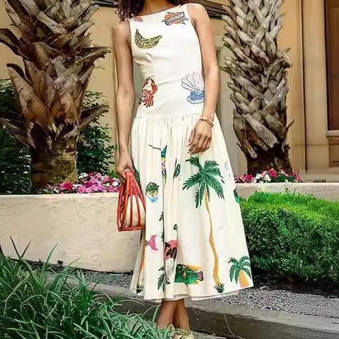 Sleeveless Off-neck Printed Backless Dress