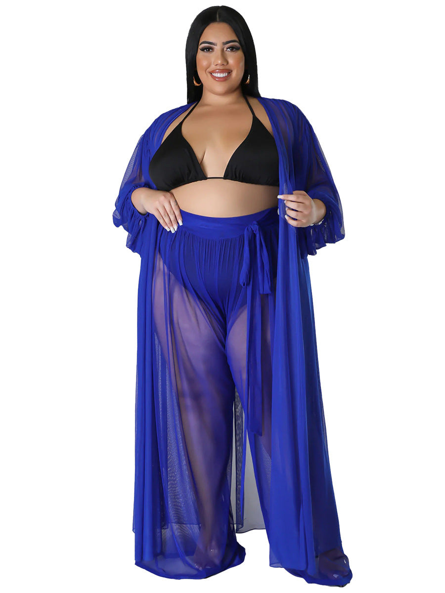 Women's Solid-Color Batwing-Sleeve Sexy Sheer Top And Pants Plus-Size Two-Piece Set