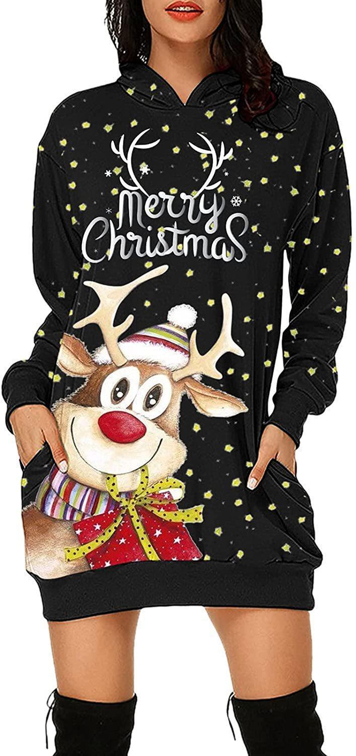 Women's Long-sleeved Sweater Dress Autumn New Christmas Print Hooded Skirt