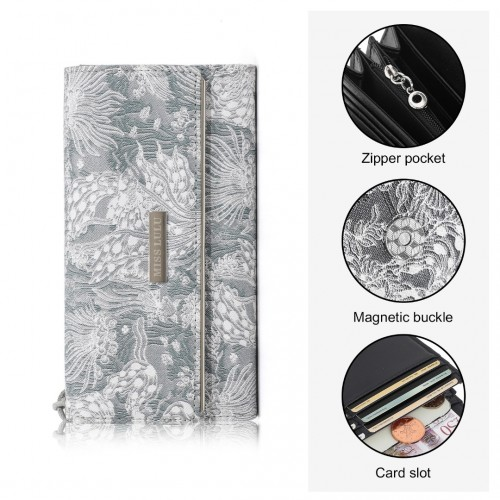 WTM2448 - Miss Lulu Elegant Women's Long Purse with Detachable Wrist Strap And Multi-Card Organizer - Grey