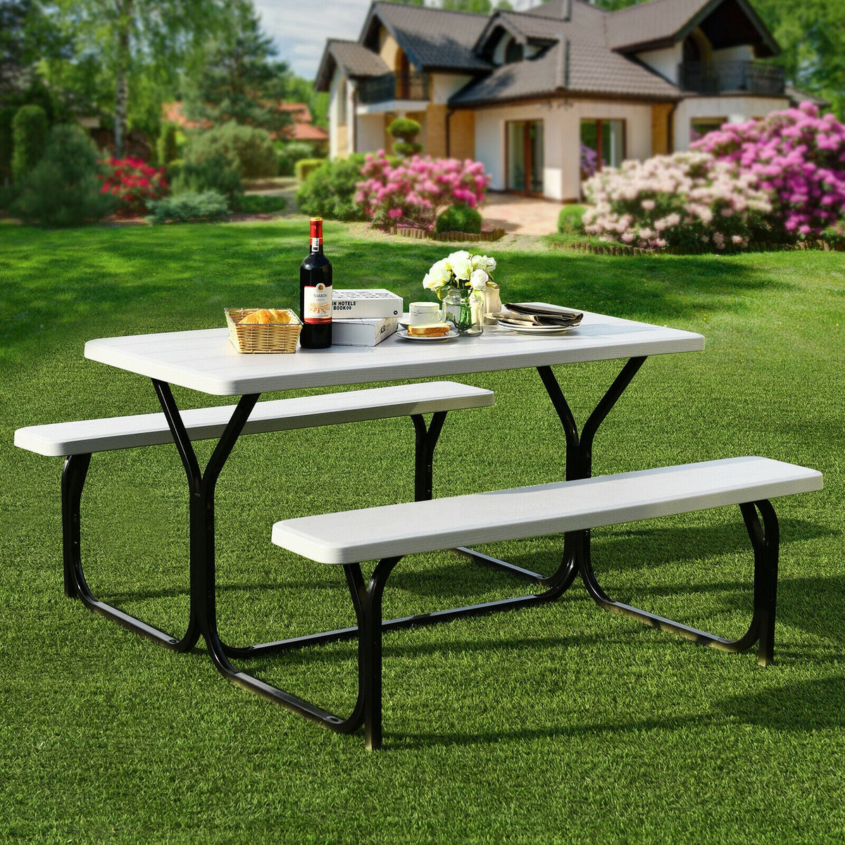 Picnic Table Bench Set with Metal Base Wood for Outdoor-Black