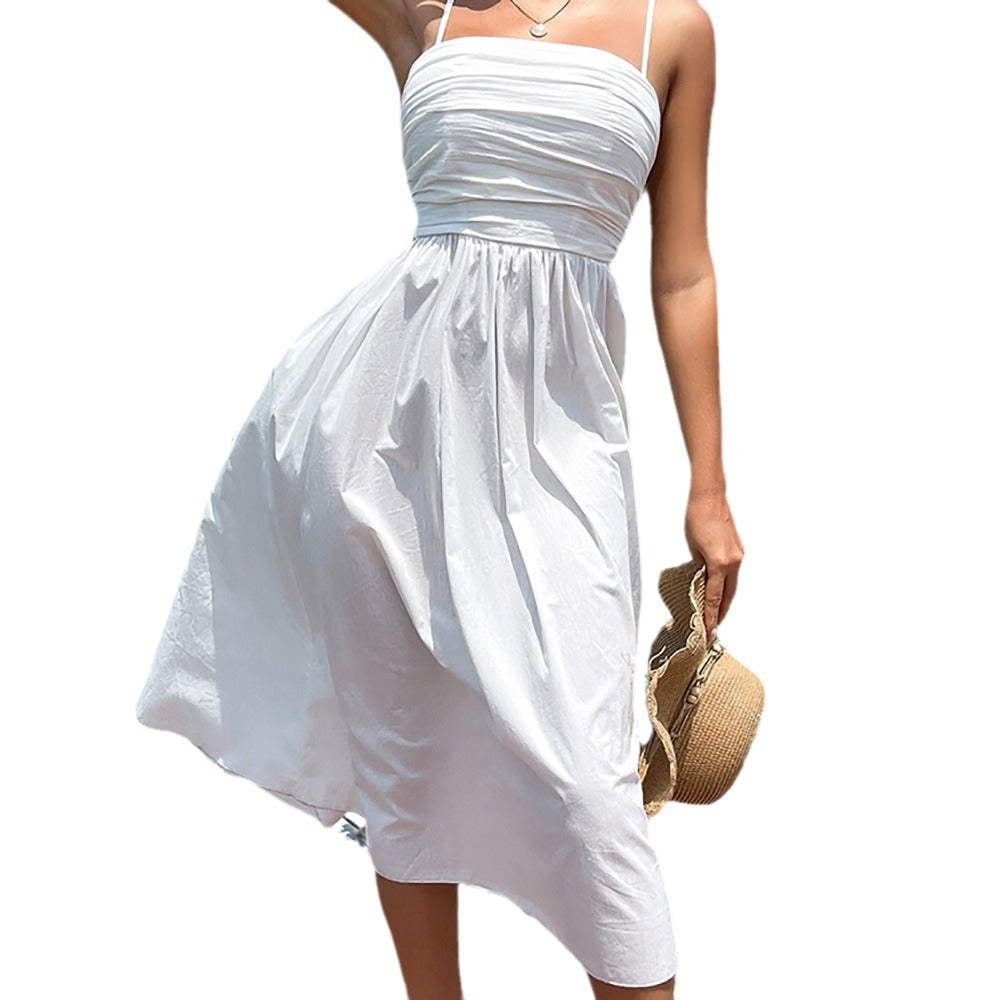 Fashion Dress Pleated Backless Holiday White Suspender