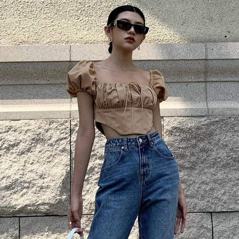 Patchwork Top Backless Zipper Pleated Short Sleeves