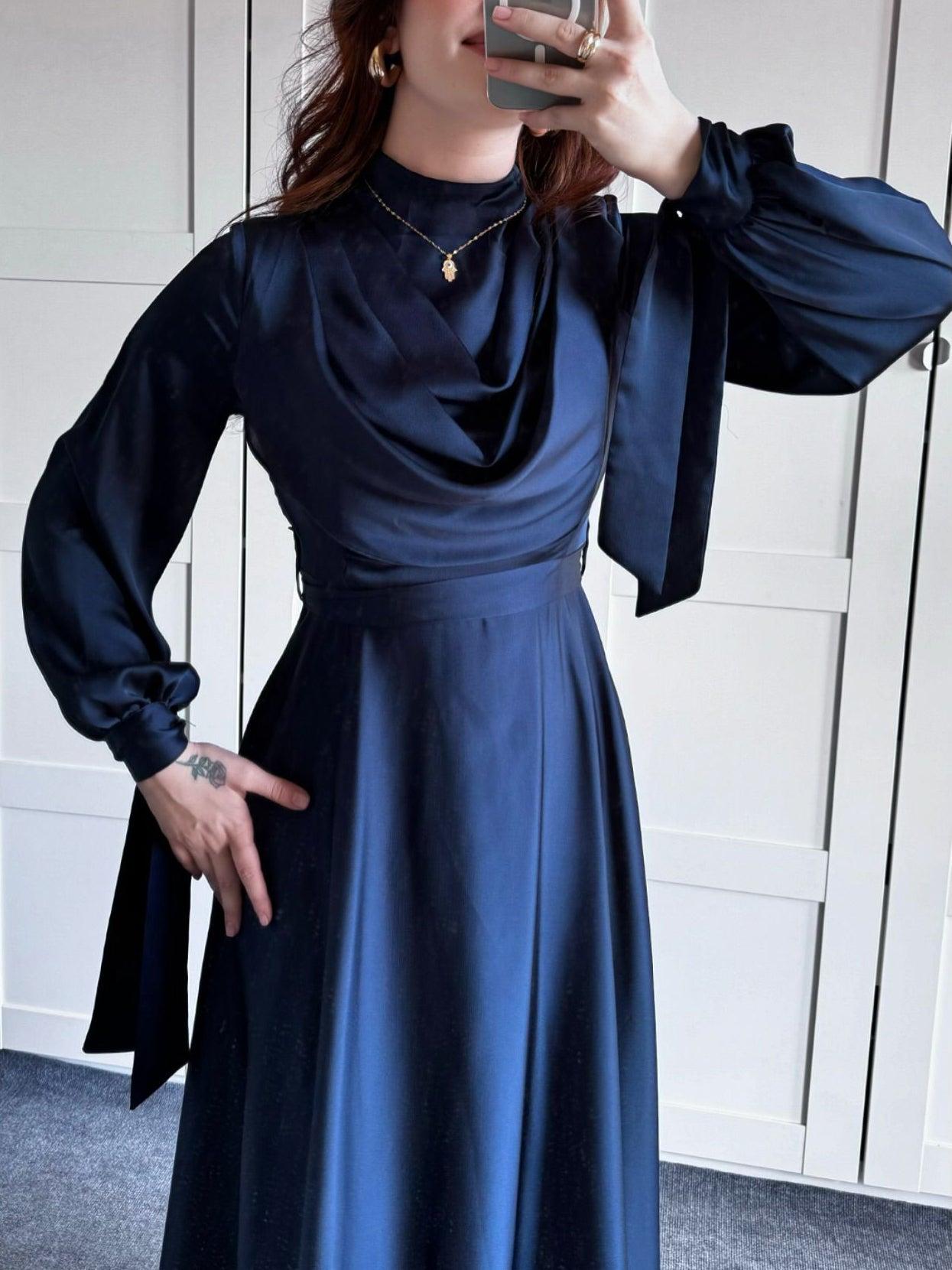 Satin Plunge Neck Long Sleeve Maxi Dress | Evening Gown