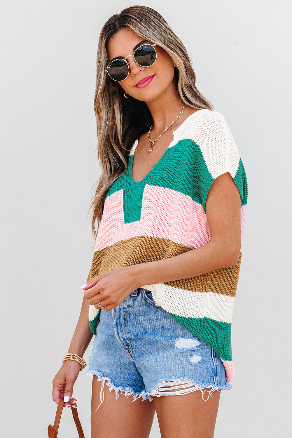 Multicolour Color Block Notch V Neck Sweater T Shirt