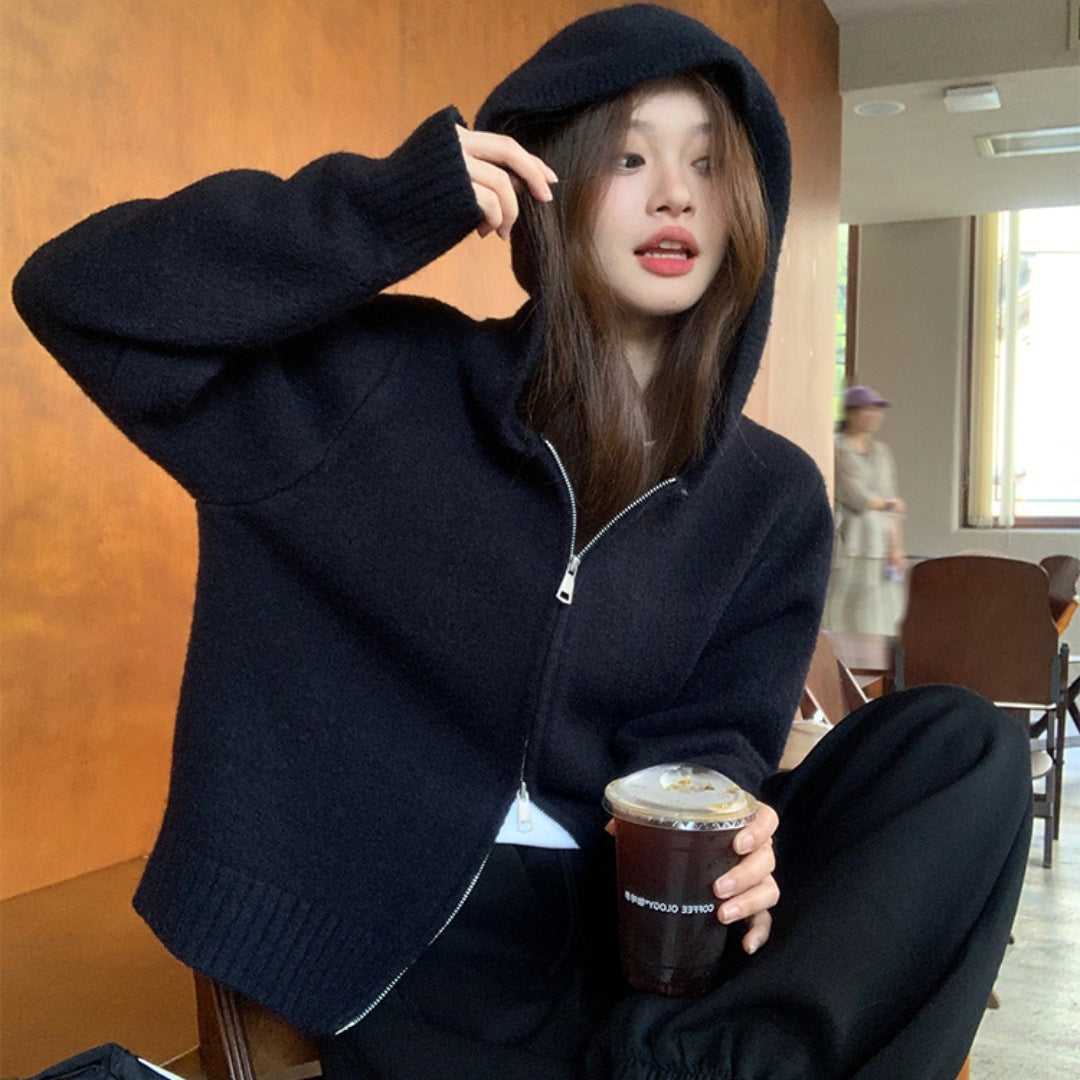 Women's Korean-style Hooded Double Zipper Knitted Bottoming Shirt