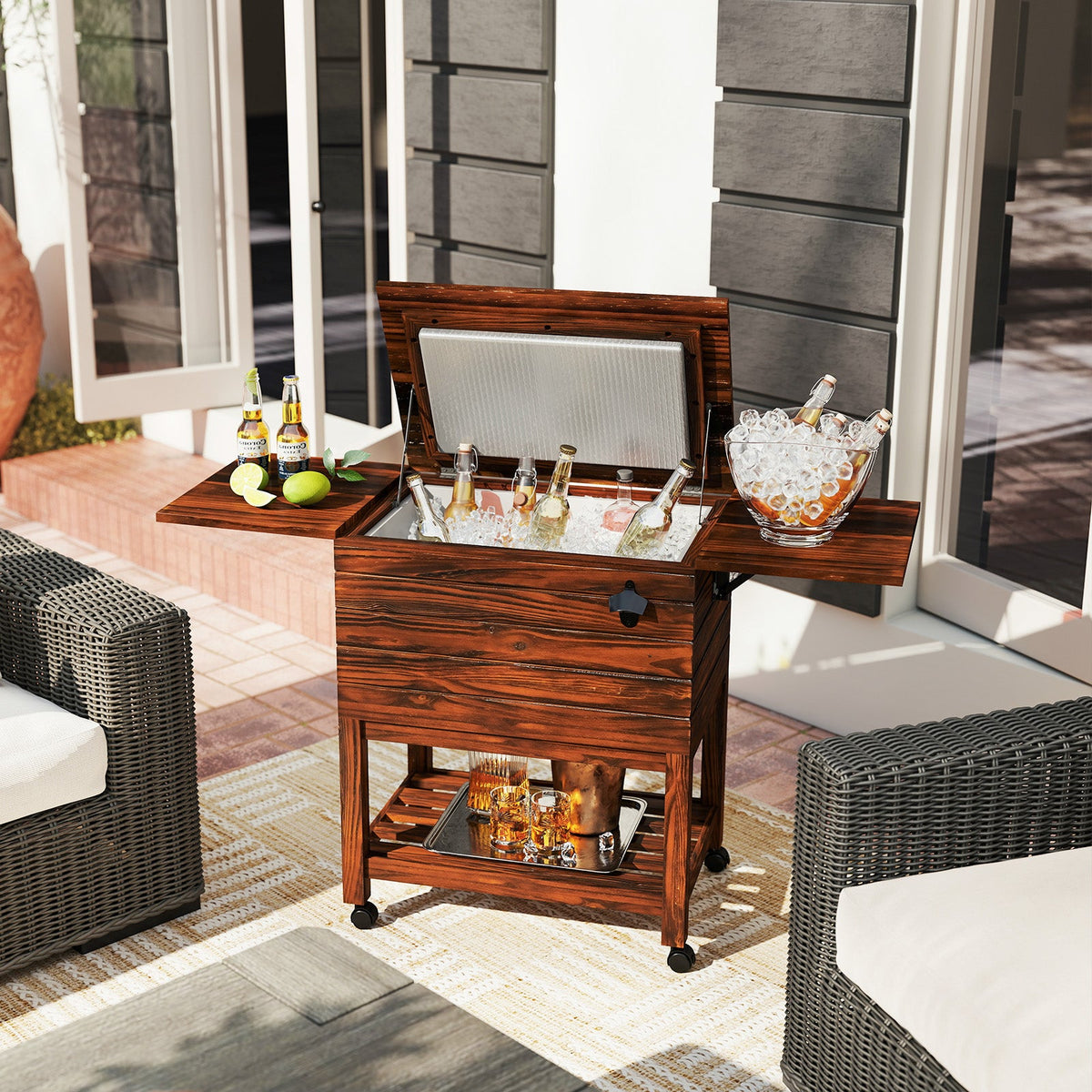 51L Rolling Wooden Patio Cooler Cart with 2 Drop Leaf Tables for Backyard BBQ-Rustic Brown