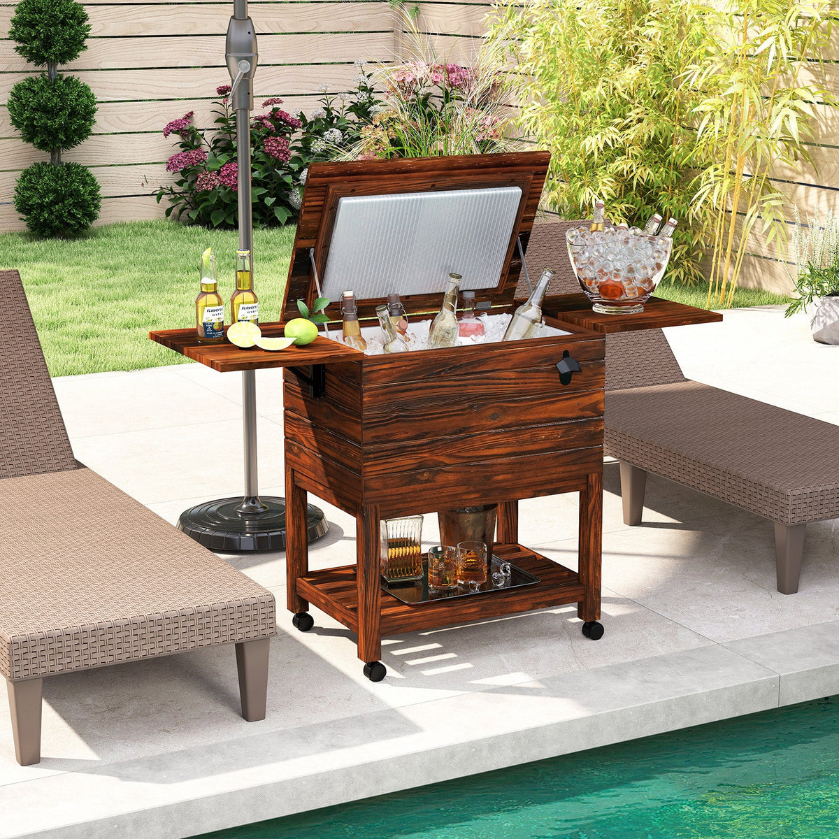 51L Rolling Wooden Patio Cooler Cart with 2 Drop Leaf Tables for Backyard BBQ-Rustic Brown