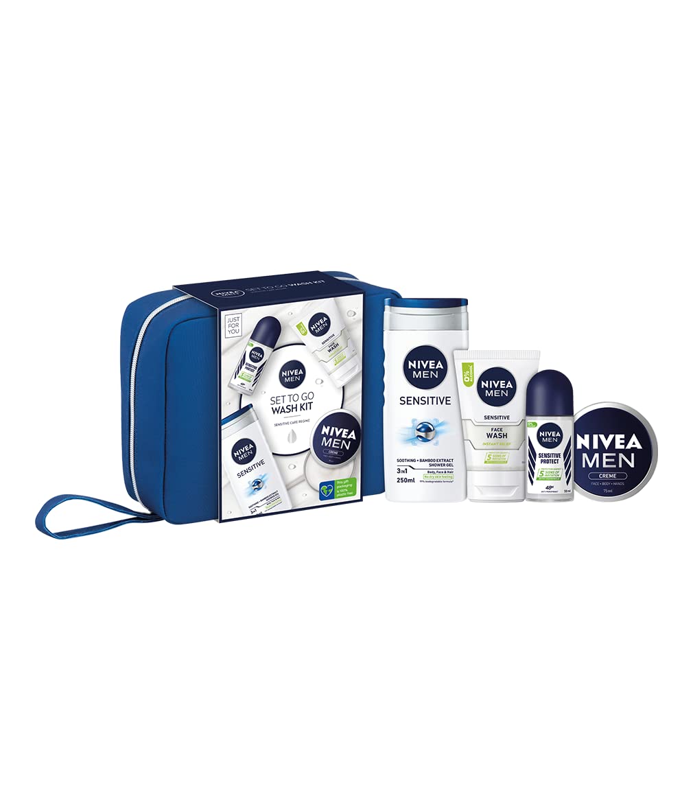 NIVEA MEN Set To Go Wash Kit Gift Set (5 Pieces), Men's Gift Set Includes Shower Gel, Face Wash, Anti-Perspirant Roll-On, Moisturising Cream and Hanging Wash Bag