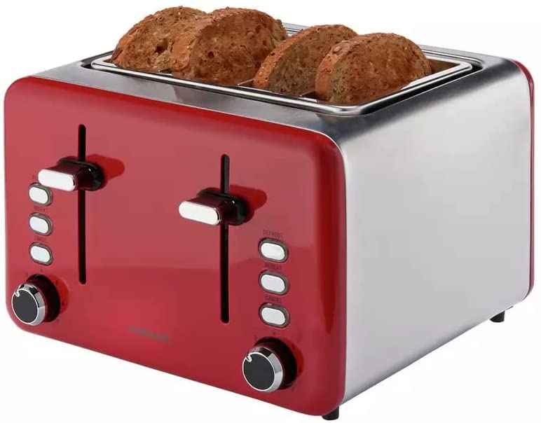 Cookworks 4 Slice Toaster Its Brushed Stainless-Steel And Red Design